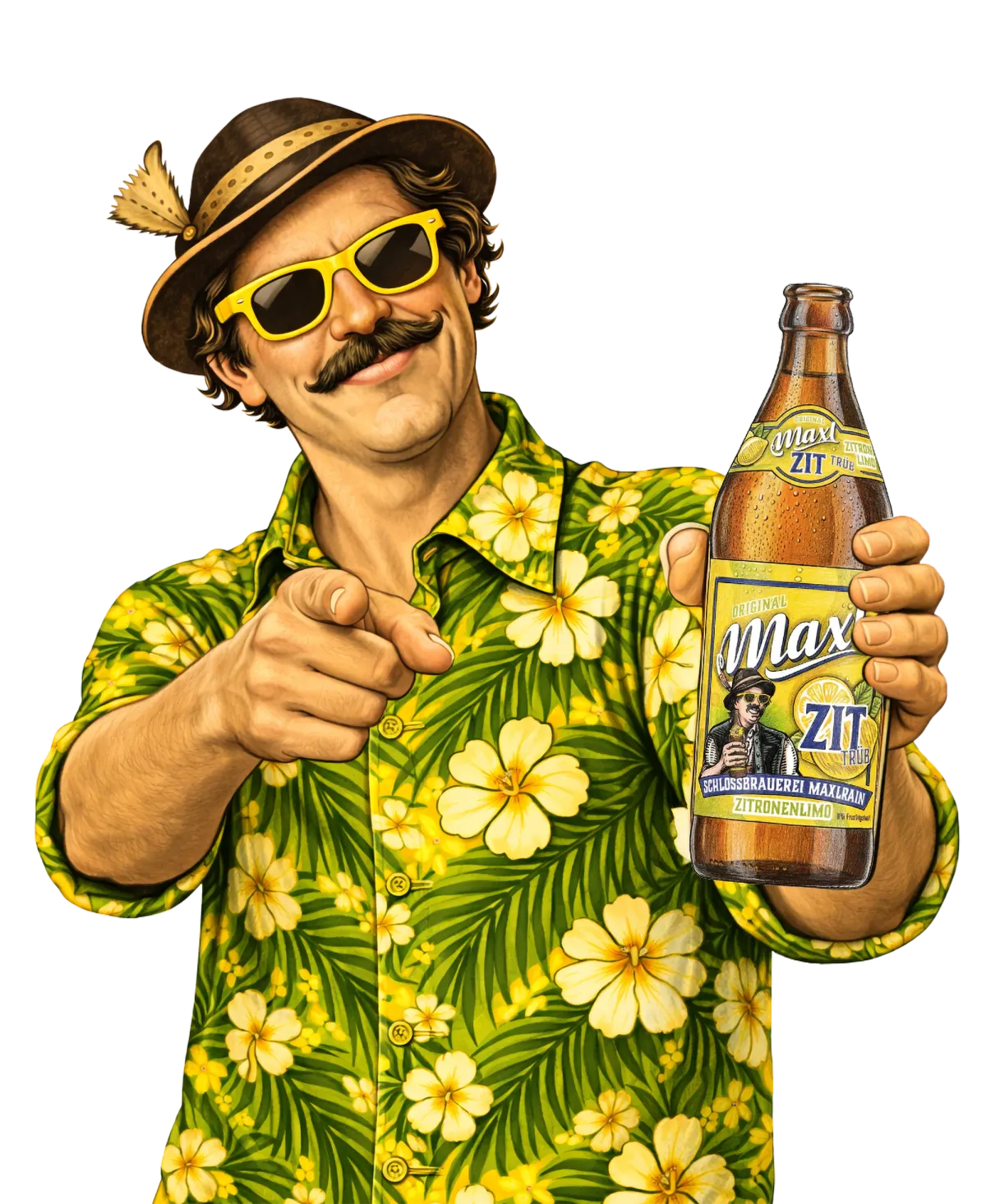 Der Maxl im Hawaiihemd mit Sonnenbrille zeigt auf den Betrachter und hält eine Maxl.Zit