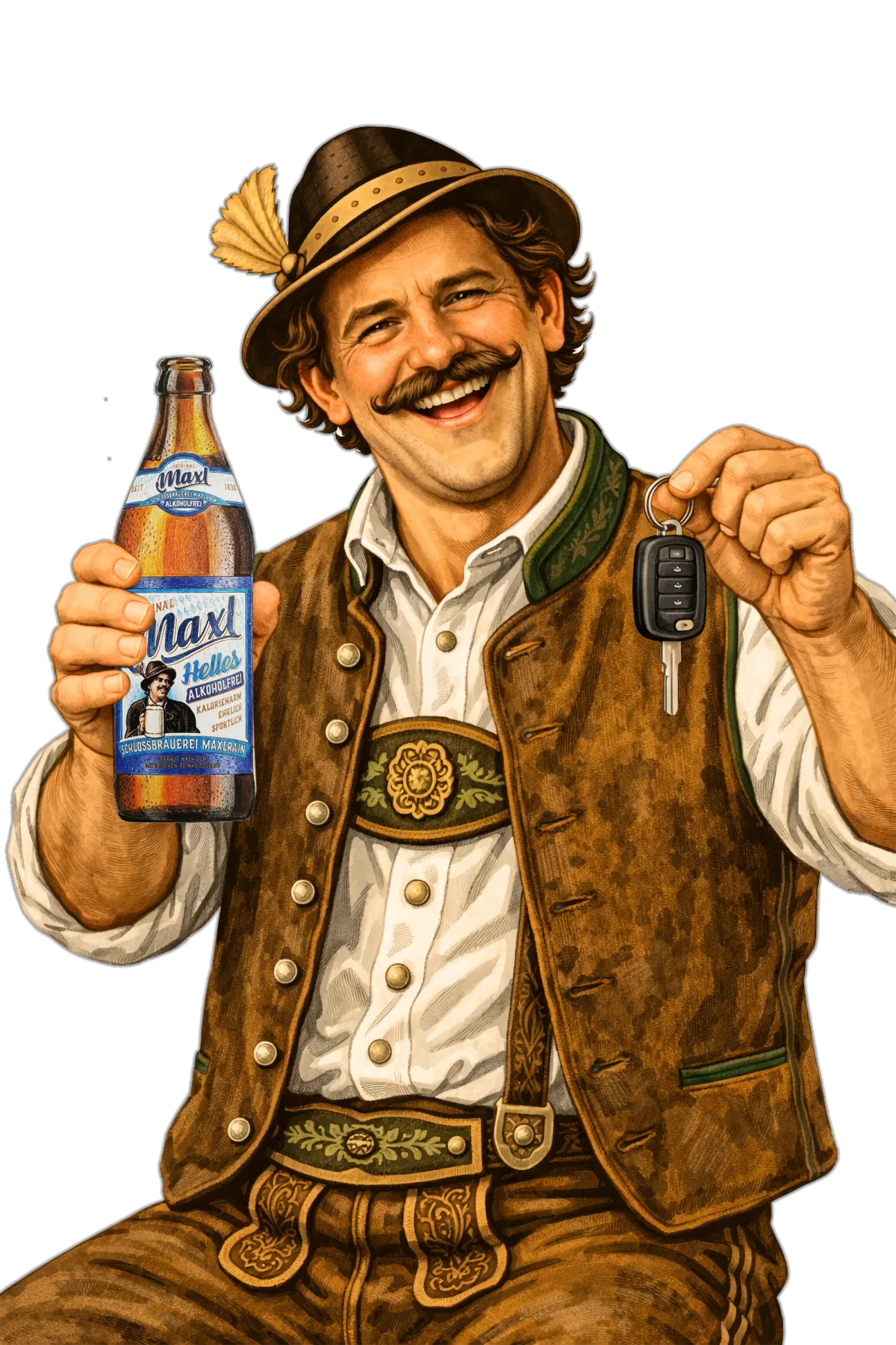 Der Maxl hält eine Flasche und einen Autoschlüssel