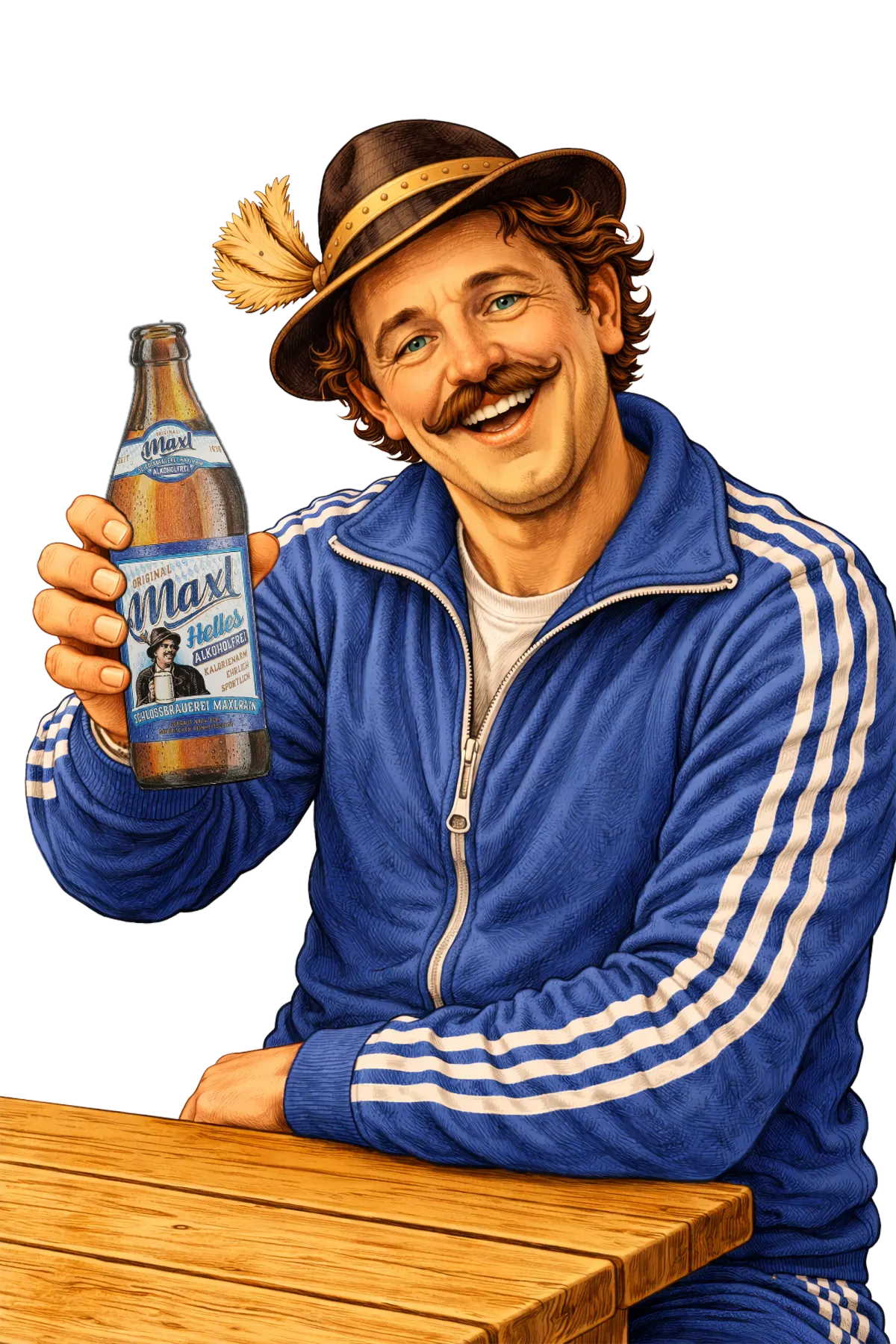 Der Maxl in blauer Trainingsjacke am Holztisch, eine Flasche in der Hand