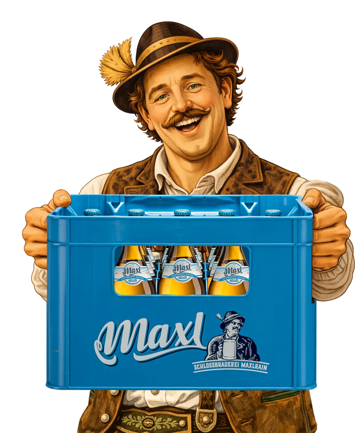 Der Maxl trägt lachend eine blaue Maxl-Kiste