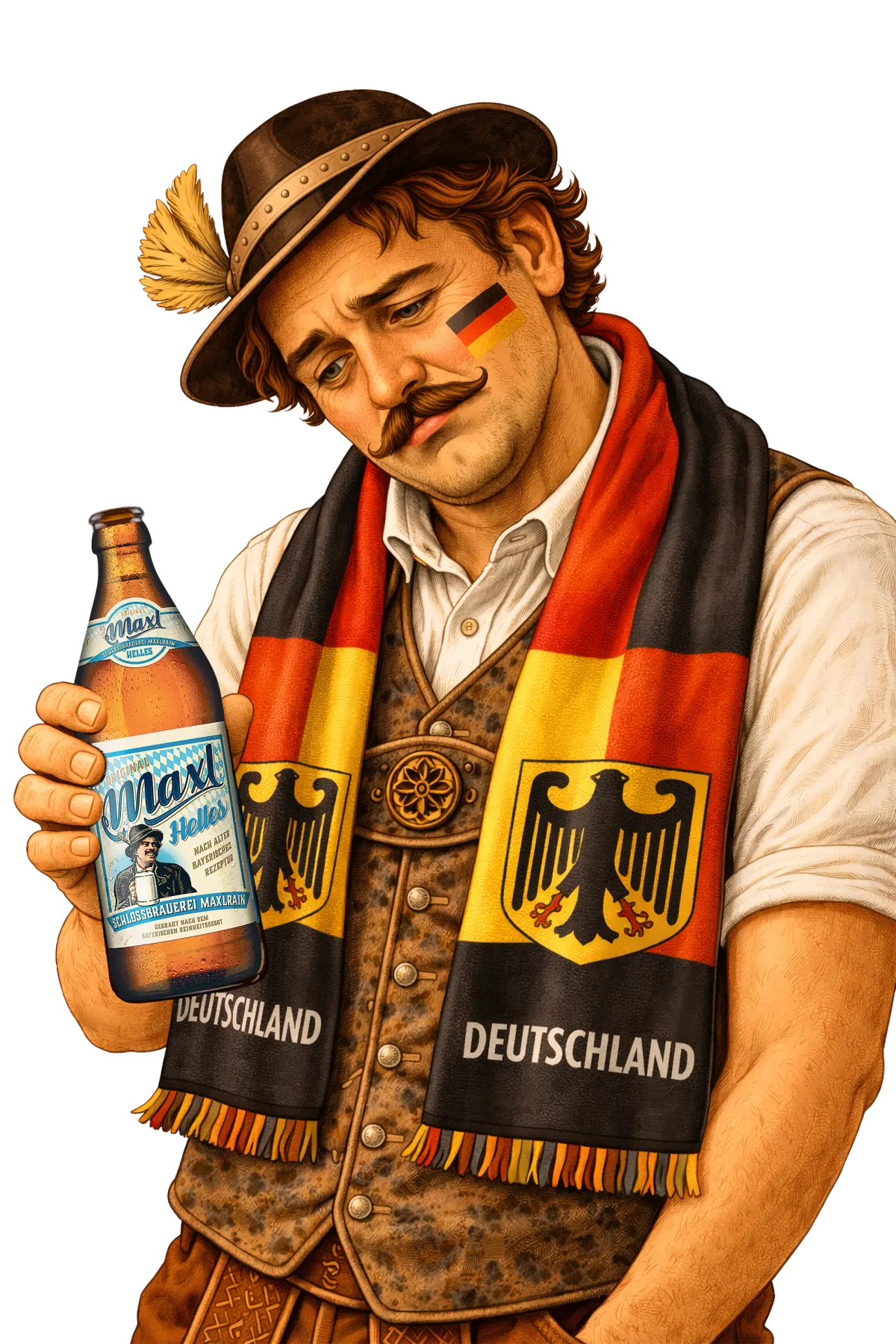 Der Maxl mit Deutschland-Schal zwinkert und hält eine Flasche