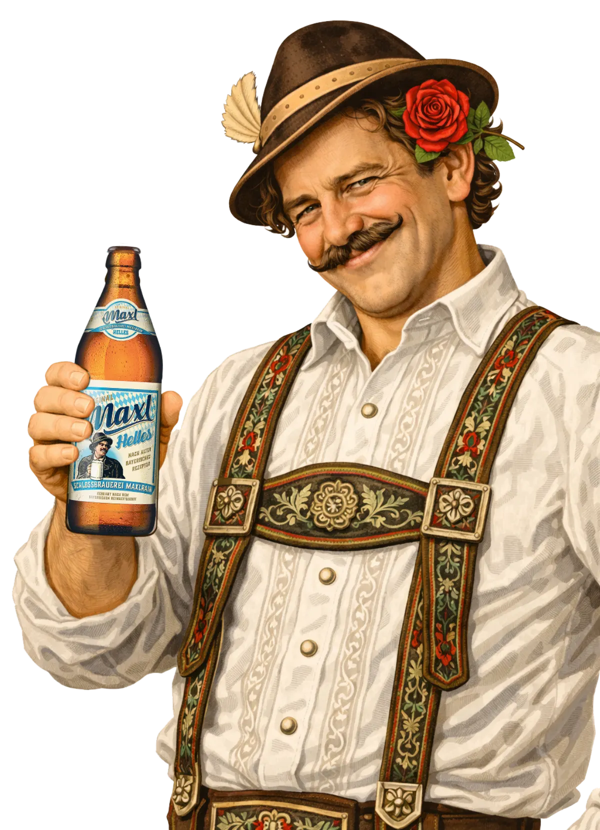 Der Maxl mit Rose hinterm Ohr hält charmant eine Flasche hin