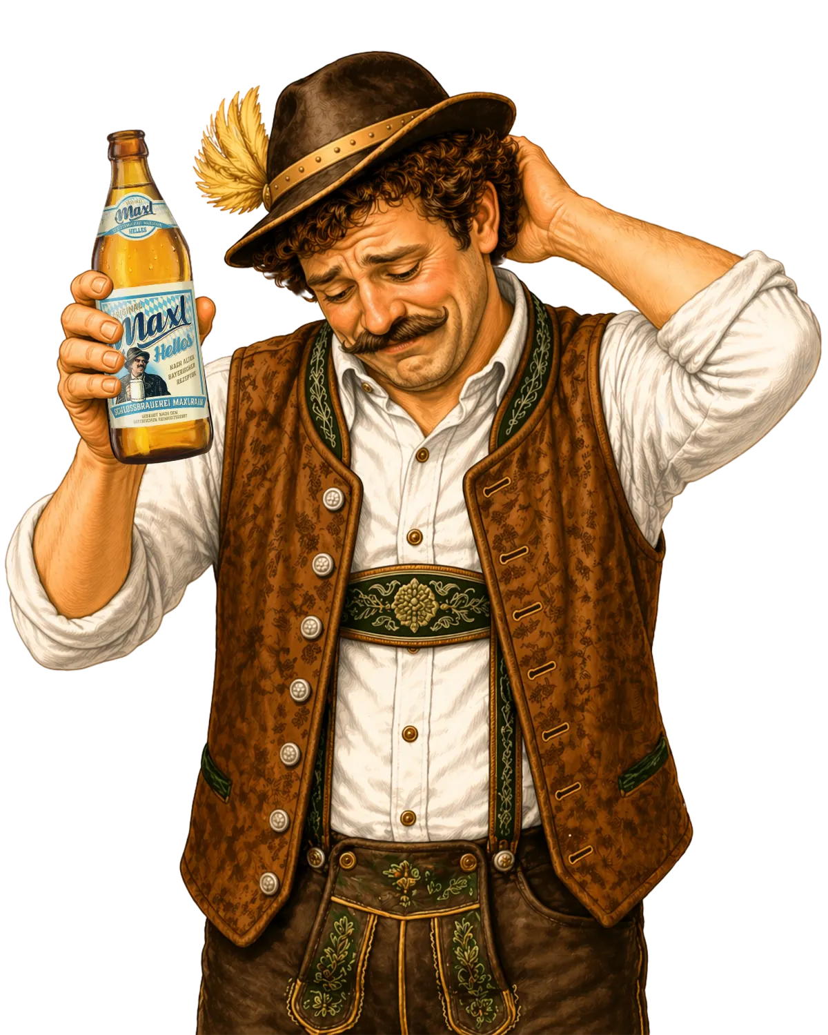 Der Maxl kratzt sich ratlos am Kopf, die Flasche in der anderen Hand